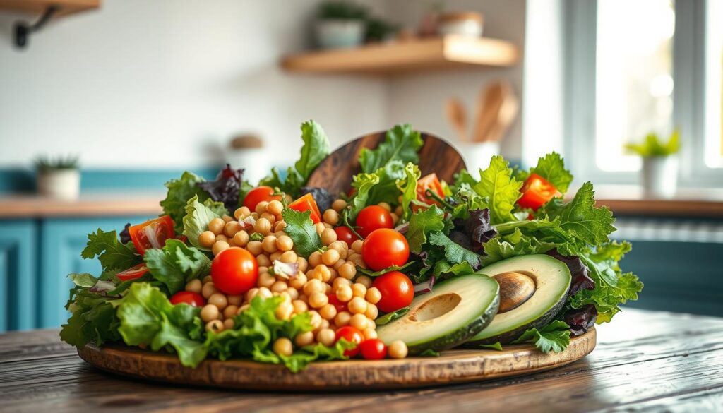 A vibrant array of fresh vegetable salads take center stage, artfully arranged on a rustic wooden table. Crisp leafy greens, vibrant cherry tomatoes, tender chickpeas, and creamy avocado slices come together to create a symphony of colors and textures. The natural lighting from a nearby window casts a warm, soft glow, highlighting the salad's freshness. In the background, subtle blue accents and clean wooden finishes evoke a cozy, minimalist kitchen atmosphere, allowing the salads to shine as the star of the scene.