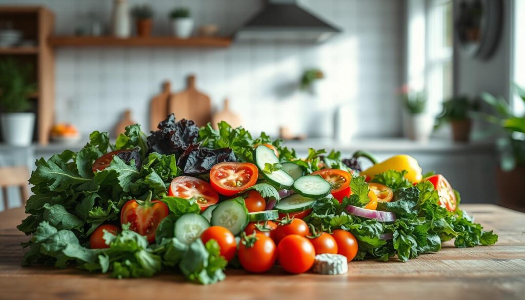A vibrant array of fresh, wholesome salad ingredients arranged on a wooden table in a cozy, minimalist kitchen. Crisp greens, juicy tomatoes, crunchy cucumbers, and colorful bell peppers burst with flavor and texture. Accents of light blue add a calming, refreshing touch. Soft, diffused lighting casts a natural glow, highlighting the vibrant hues and inviting the viewer to savor the nourishing, gluten-free bounty. An artful, appetizing scene that captures the essence of refreshing salad combinations.
