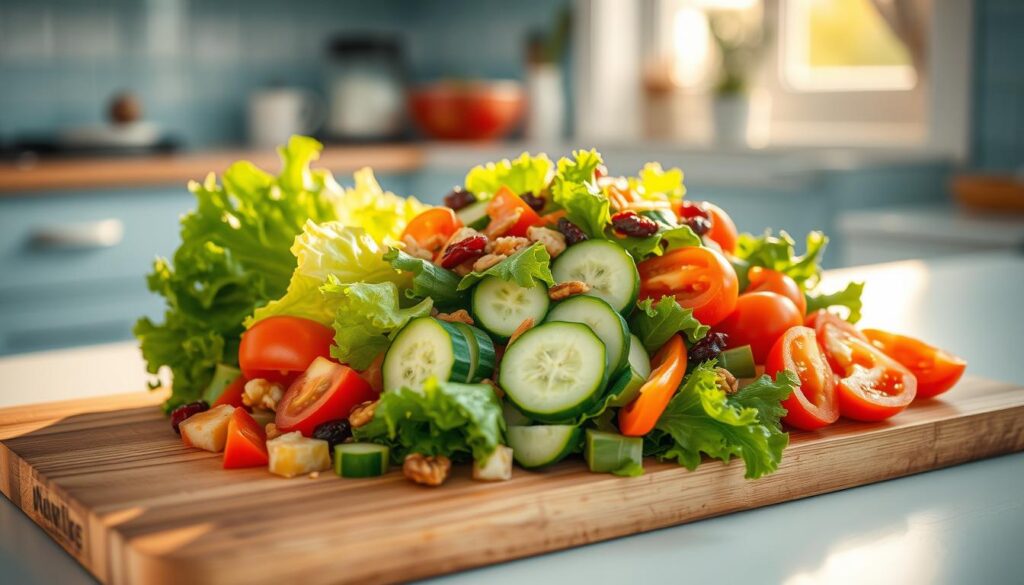 A vibrant array of freshly chopped vegetables arranged artfully on a wooden cutting board. Crisp lettuce, juicy tomatoes, crunchy cucumber, and colorful bell peppers create a visually appealing salad, accompanied by a variety of toppings like toasted nuts, dried cranberries, and a drizzle of tangy dressing. The scene is bathed in soft, natural light filtering through a window, casting a warm glow on the scene. The minimalist kitchen interior features light blue accents, lending a calming and refreshing atmosphere to the healthy, creative salad composition.
