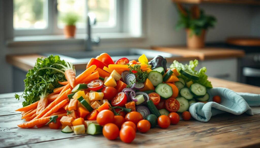 A vibrant array of freshly chopped vegetables is artfully arranged on a rustic wooden table, bathed in soft, natural light filtering through a nearby window. Crisp carrots, juicy bell peppers, crunchy cucumbers, and vibrant cherry tomatoes create a rainbow of colors, complemented by the gentle hues of a light blue kitchen towel. The scene evokes a sense of nourishment, simplicity, and culinary inspiration, inviting the viewer to envision a delightful, nutrient-dense cold lunch or meal-prep idea.