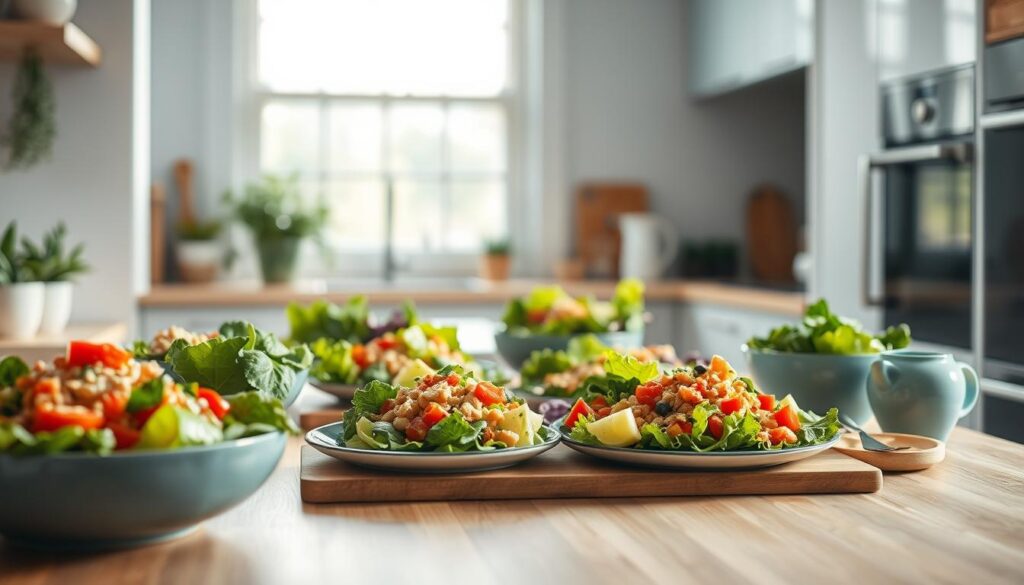 A vibrant array of freshly prepared salads takes center stage in a cozy, minimalist kitchen. Crisp greens, colorful vegetables, and protein-rich toppings create a visually appealing and nutritious spread. Soft lighting from a large window casts a warm glow, highlighting the textural details of the wooden surfaces and light blue accents. The salads are presented in a clean, modern style, inviting the viewer to envision the perfect office meal prep power salad. The focus is on the vibrant, wholesome ingredients, capturing the essence of 