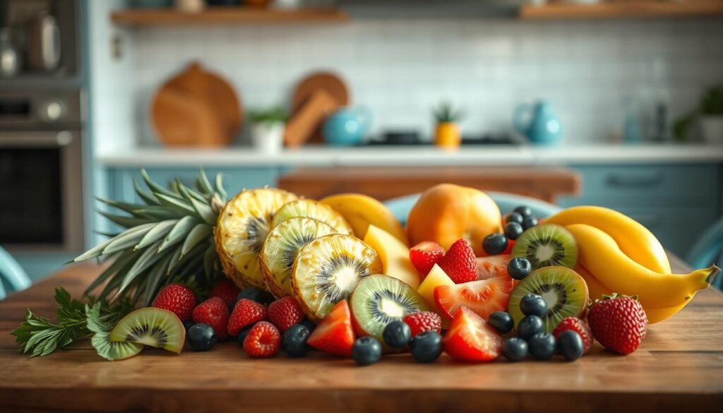 A vibrant array of low-sugar seasonal fruits arranged artfully on a wooden table in a cozy, minimal kitchen. Juicy slices of pineapple, kiwi, and berries create a visually appealing composition, complemented by the warm, natural lighting and soft blue accents. The scene conveys a sense of freshness and health, inviting the viewer to savor the natural sweetness of these carefully selected ingredients.