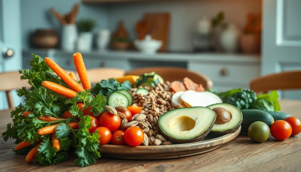 A vibrant array of nutritious cold lunch ingredients arranged on a wooden table in a cozy, minimal kitchen. In the foreground, a mix of fresh vegetables - crisp carrots, juicy cherry tomatoes, and crisp cucumbers. In the middle, assorted nuts and seeds, including almonds, sunflower seeds, and pumpkin seeds, provide a crunchy texture. Delicate slices of lean protein, such as turkey or chicken, rest alongside a creamy avocado half. Light blue accents in the kitchen create a soothing, calming atmosphere, while warm, natural lighting casts a gentle glow over the scene, highlighting the vibrant colors and textures of the ingredients.