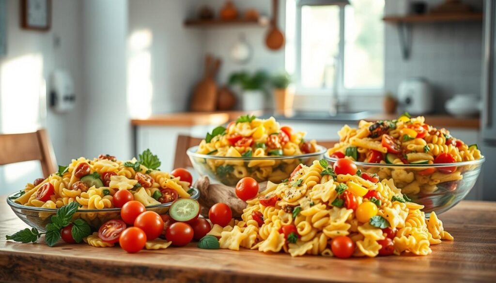 A vibrant array of pasta salad variations arranged on a wooden table in a cozy, minimal kitchen. Crisp, colorful vegetables including cherry tomatoes, cucumbers, bell peppers, and fresh herbs are tossed with fusilli, penne, and farfalle noodles in a light, tangy vinaigrette. Soft, afternoon light filters through the window, casting a warm, inviting glow over the refreshing, summer-inspired scene. The composition is balanced, the colors vivid, and the atmosphere serene - a perfect representation of "Refreshing Pasta Salads for Hot Days".