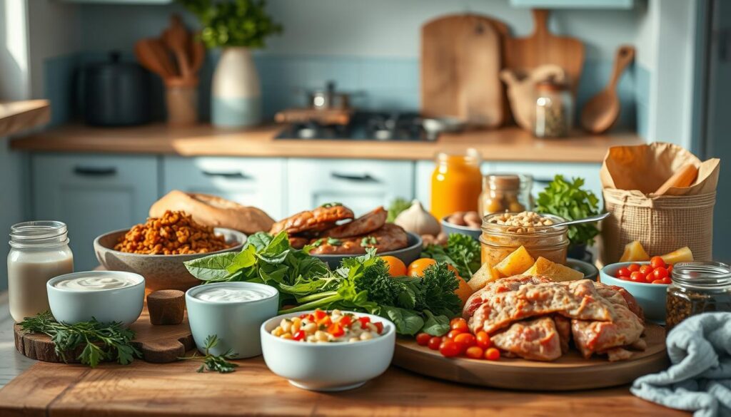 A vibrant array of protein-packed meal recipes artfully arranged on a wooden table in a cozy, minimal kitchen. Crisp photographs capturing the mouthwatering textures and colors of lean meats, hearty legumes, and nutrient-dense vegetables, illuminated by soft, natural lighting that casts a warm glow. Loaves of freshly baked whole-grain bread, jars of protein-rich dips and spreads, and a variety of fresh herbs and spices create a visually appealing and appetizing display, all set against a backdrop of light blue accents and clean, uncluttered surfaces.