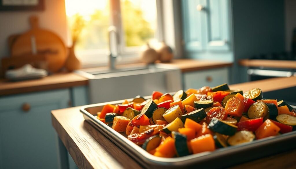 A vibrant array of roasted vegetables sizzling on a sheet pan in a cozy, minimal kitchen. Sliced carrots, bell peppers, and zucchini, tossed with olive oil, garlic, and a rainbow of seasonings. Soft, caramelized edges contrast with the bright, bold colors. Warm, natural lighting filters through the kitchen's light blue accents, casting a golden glow over the scene. The wooden textures of the countertops and cabinets create a rustic, inviting atmosphere, perfect for a nourishing sheet pan meal.