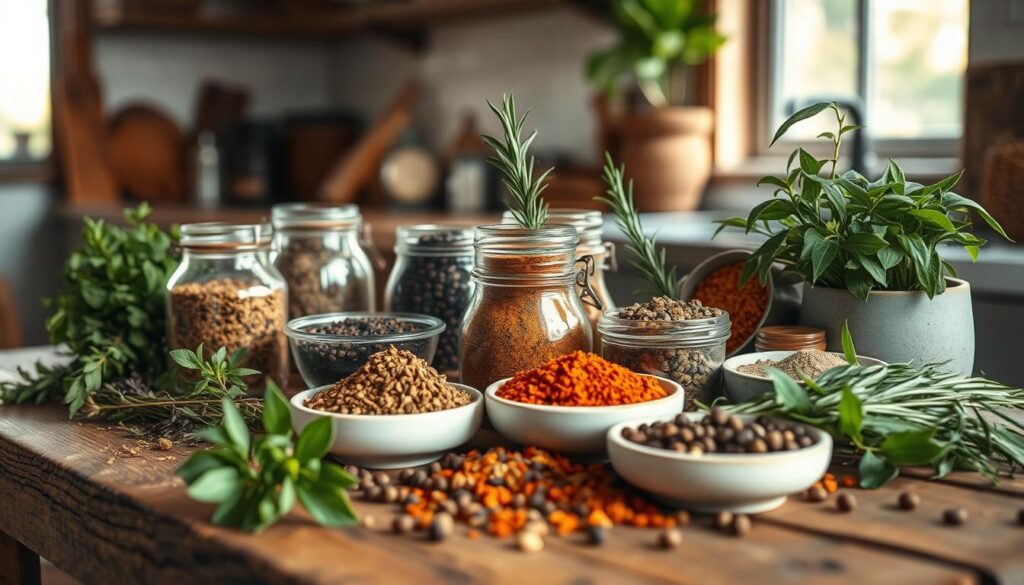 A vibrant array of seasoning blends and fresh herbs artfully arranged on a rustic wooden surface in a cozy, minimal kitchen. Warm, soft lighting casts a gentle glow, highlighting the intricate textures and earthy hues of the spices and leaves. Glass jars and ceramic bowls hold an assortment of aromatic spices, from fragrant thyme and rosemary to fragrant peppercorns and paprika. The scene evokes a sense of culinary exploration and the promise of flavorful, simple preparations.