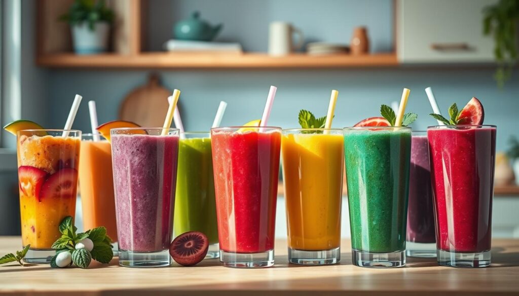 A vibrant array of smoothie glasses, each filled with a rainbow of colors - vibrant greens, vivid reds, and luscious purples. The drinks are garnished with fresh fruit slices, perhaps a sprig of mint, and a playful straw. The scene is set in a cozy, minimal kitchen with warm wooden textures and light blue accents, creating a welcoming and inviting atmosphere. The lighting is soft and diffused, casting a gentle glow on the smoothies, making them appear almost luminous. The composition is thoughtfully arranged, with the smoothies taking center stage, allowing the viewer to imagine the delicious and nutritious flavors within.