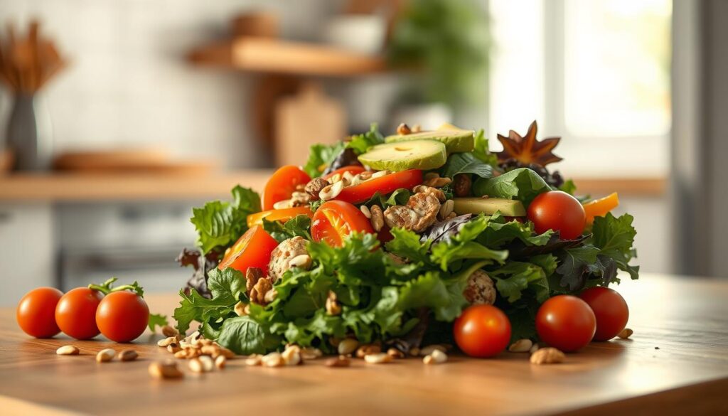 A vibrant, artfully arranged salad with a variety of fresh, nutrient-rich ingredients, positioned on a clean, wooden kitchen surface. The salad features crisp greens, colorful bell peppers, juicy cherry tomatoes, creamy avocado slices, and a scattering of toasted nuts and seeds. The lighting is soft and natural, casting a warm glow over the scene. The overall mood is one of simplicity, health, and the joy of wholesome, no-heat meal preparation.