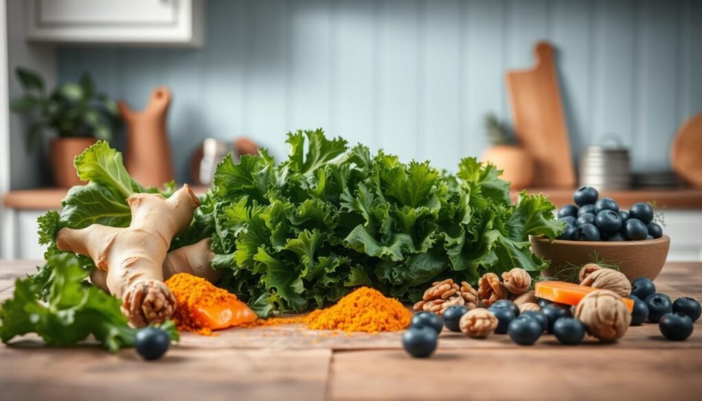 A vibrant assortment of anti-inflammatory ingredients arranged neatly on a rustic wooden table in a cozy, minimal kitchen. Vibrant green kale, ginger, turmeric, salmon, walnuts, and blueberries are bathed in soft, natural lighting, creating a serene, health-conscious atmosphere. The mid-ground showcases the ingredients' vivid colors and textures, while the background features a light blue wall with subtle wood accents, giving the scene a calming, inviting feel. The overall composition emphasizes the fresh, nutritious nature of the anti-inflammatory meal components.