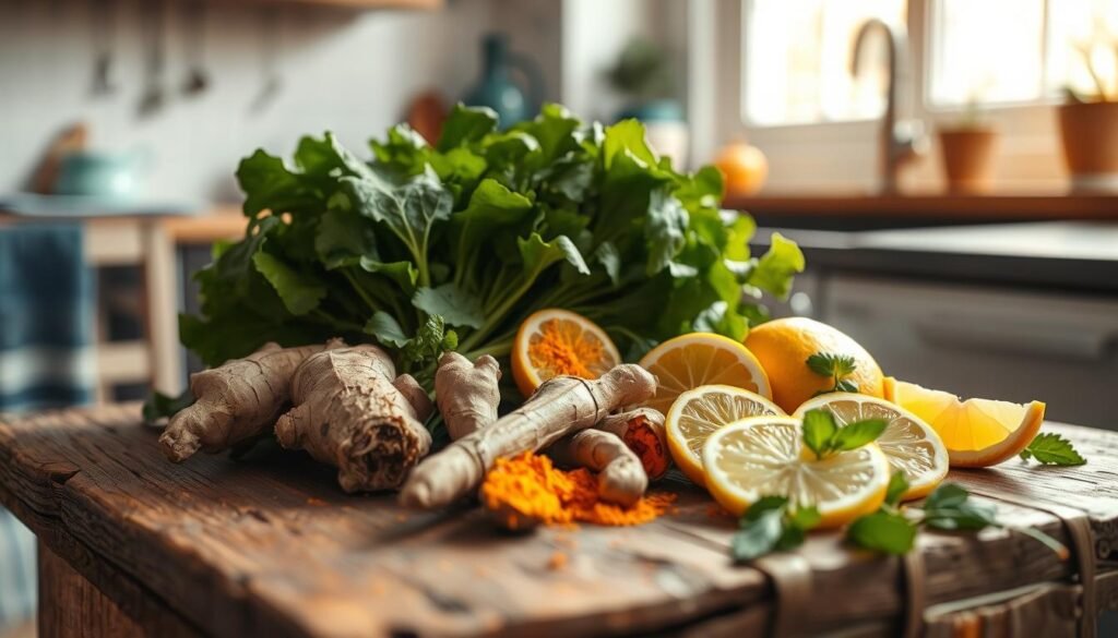 A vibrant assortment of anti-inflammatory ingredients artfully arranged on a rustic wooden surface in a cozy, minimal kitchen. Crisp leafy greens, vibrant turmeric root, earthy ginger, and freshly sliced lemon wedges bathed in soft, natural light from a large window. The scene exudes a sense of health and wellness, with the blue-accented decor lending a calming, inviting atmosphere. The composition is balanced and visually appealing, capturing the essence of incorporating these nourishing ingredients into a dairy-free meal.