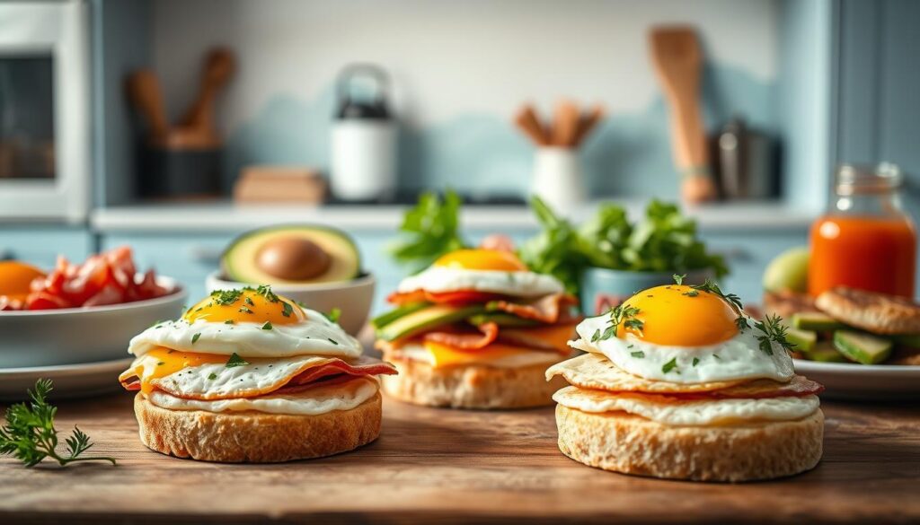 A vibrant assortment of customizable breakfast sandwiches artfully arranged on a wooden surface, showcasing a variety of artisanal ingredients. In the foreground, a trio of toasted English muffins, each topped with a perfectly cooked egg, complemented by a selection of savory meats, melted cheeses, and fresh herbs. In the middle ground, an array of toppings and condiments, including sliced avocado, crisp bacon, tangy hollandaise, and zesty sriracha, inviting the viewer to create their own unique flavor combinations. The background features a minimalist kitchen setting with light blue accents, highlighting the natural textures of the wood and the mouthwatering details of the sandwiches. The overall mood is one of rustic elegance and culinary imagination.