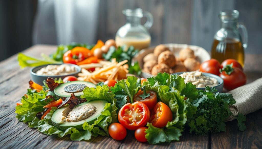 A vibrant assortment of essential wrap ingredients arranged on a rustic wooden surface, bathed in soft, natural light. In the foreground, a variety of crunchy vegetables - crisp lettuce leaves, juicy tomatoes, and colorful bell peppers - nestle alongside creamy avocado slices and a dollop of tangy hummus. In the middle, a selection of protein-rich elements, such as grilled chicken strips and savory falafel balls, provide hearty substance. In the background, fragrant herbs, a drizzle of olive oil, and a sprinkle of zesty seasonings set the stage for a delectable and well-balanced wrap. The overall scene exudes a sense of freshness, simplicity, and global flavors, inviting the viewer to create their own delicious, customizable wrap.