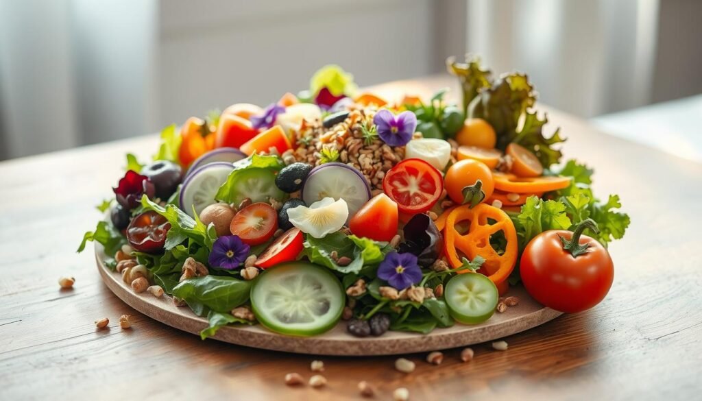 A vibrant assortment of fresh, eye-catching salad ingredients arranged in a visually appealing manner on a wooden table. Sliced vegetables, colorful greens, and various toppings such as nuts, seeds, and edible flowers come together in a harmonious, Instagram-worthy display. Soft, natural lighting casts a warm glow, highlighting the textures and hues of the ingredients. The overall composition is elegant, inviting, and inspires culinary creativity, reflecting the "Creative Salad Combinations and Meal Ideas" section of the article.