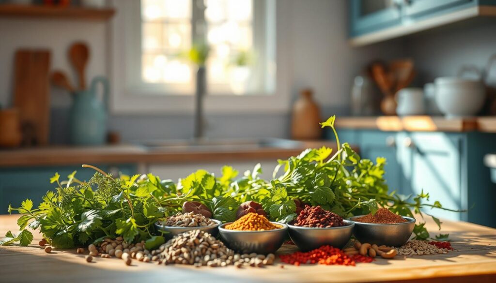 A vibrant assortment of freshly harvested Middle Eastern herbs and spices, artfully arranged on a wooden surface in a cozy, minimal kitchen. The scene is bathed in warm, natural light filtered through a nearby window, casting soft shadows and highlighting the rich colors and intricate textures of the ingredients. The herbs, including fragrant mint, parsley, and cilantro, are presented alongside an array of whole and ground spices such as cumin, coriander, and sumac, their varying hues and shapes creating a visually captivating display. The light blue accents of the kitchen's decor complement the earthy tones of the herbs and spices, conveying a sense of tranquility and culinary inspiration.