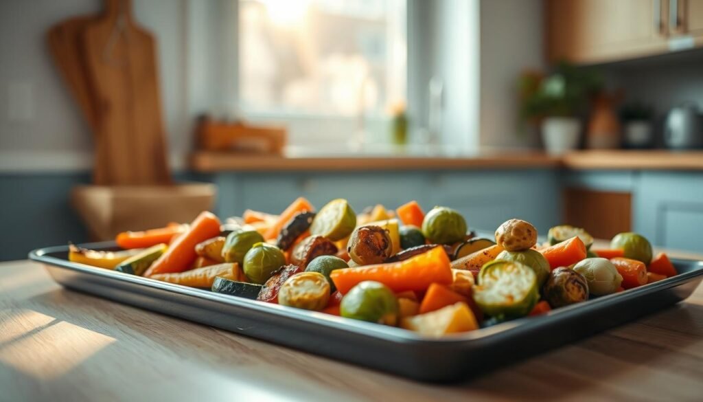 A vibrant assortment of freshly roasted vegetables arranged artfully on a simple sheet pan. Tender, caramelized carrots, zucchini, and Brussels sprouts, their colors popping against the matte black metal. Warm, golden light filters through a window, casting a cozy glow and casting soft shadows. The minimal kitchen interior provides a clean, natural backdrop with light blue accents and warm wooden textures. The overall scene exudes a sense of rustic simplicity and wholesome nutrition.