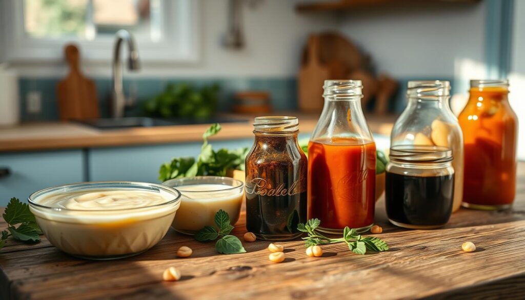 A vibrant assortment of homemade sauces and dressings artfully arranged on a rustic wooden table, bathed in soft, natural light. Creamy cashew dressing, zesty lemon-tahini sauce, and a rich, velvety balsamic reduction mingle together, their colors and textures beckoning the viewer to explore and indulge. The scene exudes a sense of simplicity and culinary expertise, inviting the viewer to imagine the delicious grain bowls these sauces would complement. A minimalist, light blue-accented kitchen provides the backdrop, conveying a cozy, nourishing atmosphere.