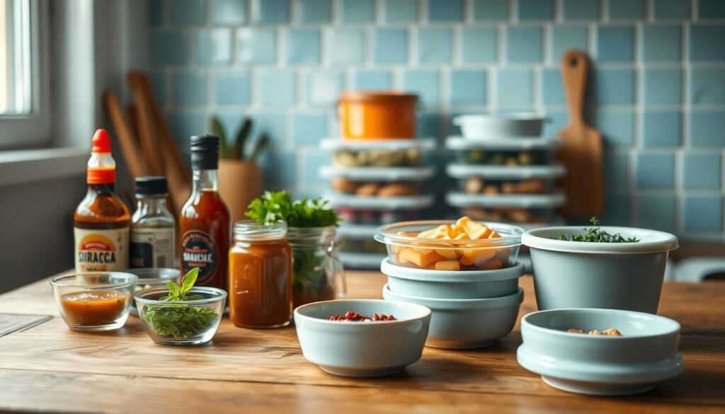 A vibrant assortment of office-friendly meal condiments arranged on a rustic wooden kitchen surface, illuminated by soft, diffused lighting. In the foreground, an array of small glass jars and ceramic dishes hold flavorful sauces, spices, and garnishes, including sriracha, soy sauce, balsamic glaze, and fresh herbs. The middle ground features a selection of reusable meal prep containers, their contents hinting at the nourishing lunches they might hold. The background showcases the cozy, minimalist kitchen setting, with light blue accent tiles and natural wooden textures creating a calming, inviting atmosphere.