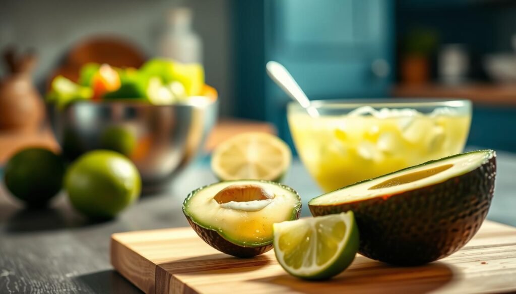 A vibrant avocado and lime flavor boost, set against a cozy kitchen backdrop. In the foreground, a freshly sliced avocado half sits atop a wooden cutting board, its creamy green flesh accented by the vibrant hue of a juicy lime wedge. The midground showcases a steel bowl filled with a zesty lime-infused dressing, ready to drizzle over a salad or dish. Soft, natural lighting illuminates the scene, casting a warm glow and highlighting the fresh, wholesome ingredients. The subtle blue accents of the kitchen cabinetry and countertops provide a calming counterpoint, inviting you to savor the bright, invigorating flavors of this Mexican-inspired creation.
