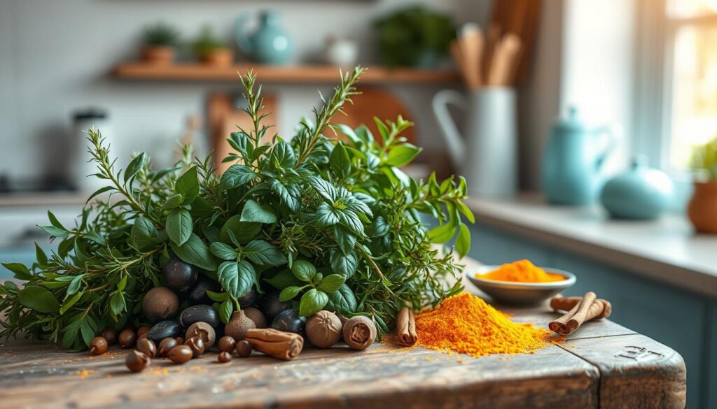 A vibrant collection of fresh herbs and aromatic spices artfully arranged on a rustic wooden table in a cozy, minimal kitchen. Lush sprigs of fragrant thyme, rosemary, and basil intertwine with whole peppercorns, cinnamon sticks, and a scattering of turmeric powder. Warm, natural light filters through the light blue accents, casting gentle shadows and highlighting the inviting textures. The scene exudes a sense of culinary inspiration and the promise of delicious, healthful meals.
