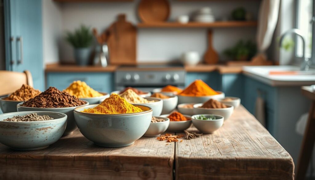 A vibrant collection of homemade Indian spice blends rests on a rustic wooden table in a cozy, minimal kitchen, bathed in warm, natural light. Bowls of fragrant cumin, turmeric, coriander, garam masala, and other aromatic spices stand out against the light blue accents, creating a visually captivating display that evokes the complex flavors of authentic Indian cuisine. The scene exudes a sense of culinary craftsmanship and the promise of exotic, delectable dishes.