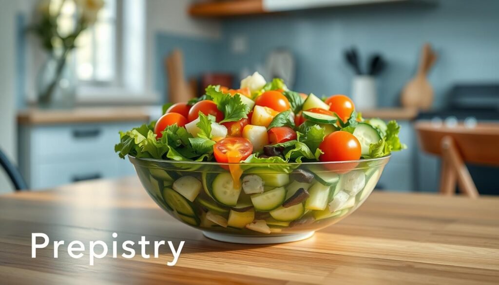 A vibrant, creative salad bowl filled with a variety of fresh, colorful ingredients, including crisp greens, juicy cherry tomatoes, crunchy cucumbers, and a drizzle of tangy vinaigrette dressing. The bowl is set on a wooden table in a cozy, minimal kitchen with light blue accents, creating a warm and inviting atmosphere. The scene is captured with a soft, natural lighting that enhances the textures and colors of the ingredients. In the foreground, the Prepistry brand logo is subtly visible, adding a touch of branding to the composition.