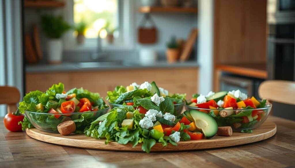 A vibrant display of fresh salad combinations artfully arranged on a wooden table in a cozy, minimalist kitchen. Crisp greens, juicy tomatoes, crunchy cucumbers, and colorful bell peppers mingle with creamy avocado and savory feta, all bathed in warm, natural light from a nearby window. The simple yet elegant presentation showcases the versatility and appeal of these no-heat lunchbox-friendly salads, perfect for satisfying midday cravings with a nutritious and flavorful twist.