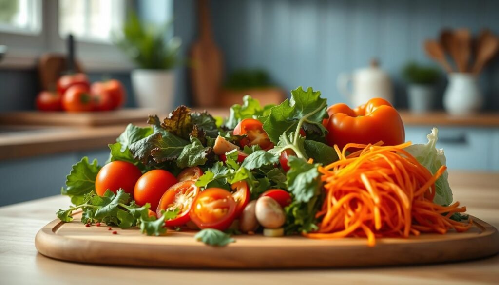 A vibrant display of freshly prepared salad ingredients laid out on a wooden cutting board in a cozy, minimal kitchen with light blue accents. Crisp leafy greens, juicy tomatoes, crunchy bell peppers, and colorful shredded carrots are artfully arranged, capturing the essence of a nutrient-dense, colorful veggie dinner. Soft, diffused lighting from a window casts a warm glow, highlighting the vibrant hues and natural textures. The scene exudes a sense of freshness, health, and culinary inspiration.