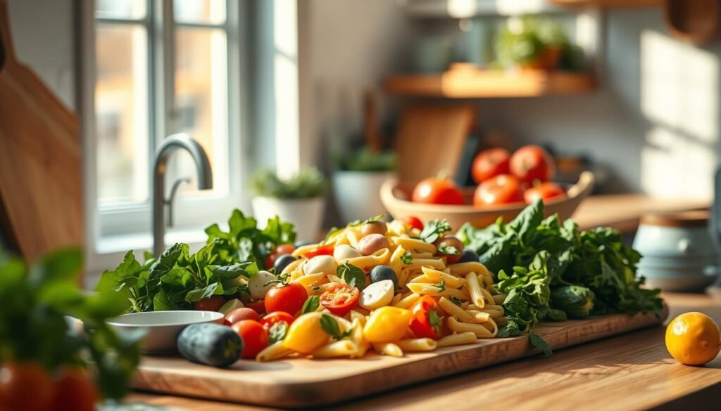 A vibrant display of pasta salad recipes nestled in a cozy, minimal kitchen. An array of colorful vegetables, freshly cooked pasta, and a creamy dressing create a mouthwatering tableau. The scene is bathed in soft, natural lighting filtering through a window, casting gentle shadows and highlights on the wooden surfaces. The mise en place suggests a carefully curated selection of ingredients, ready to be tossed together for a delightful, healthy meal. The overall atmosphere conveys a sense of simplicity, nourishment, and the comforting charm of homemade cuisine.
