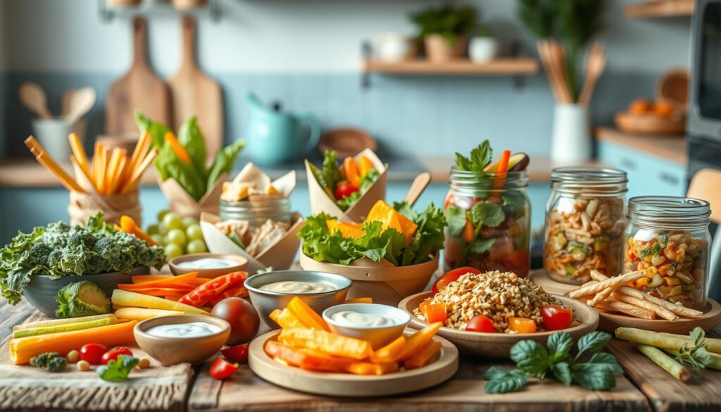 A vibrant, diverse array of seasonal cold lunch recipes artfully arranged on a rustic wooden table. In the foreground, an assortment of fresh, colorful ingredients - crisp vegetables, juicy fruits, and creamy dips. In the middle ground, various handheld portable meal options, such as wraps, salads, and mason jar dishes, presented with an eye-catching, visually appealing flair. The background features a cozy, minimalist kitchen setting with light blue accents, natural wood tones, and soft, diffused lighting, creating an inviting, appetizing atmosphere.