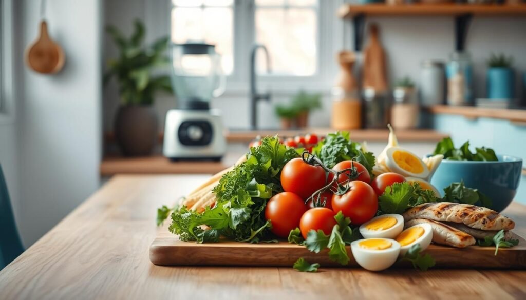 A vibrant, flavor-boosted lunch prep scene unfolds in a cozy, minimal kitchen. On a wooden table, an assortment of fresh ingredients shines under soft, directional lighting - juicy tomatoes, crisp greens, and lean protein sources like grilled chicken and hard-boiled eggs. Subtle blue accents accentuate the clean, airy atmosphere. In the background, a sleek blender stands ready to whip up high-protein smoothies or dressings, while jars of herbs and spices promise to elevate the nutritious meals. The overall composition exudes a sense of effortless, healthy indulgence, inspiring the viewer to savor every flavorful bite of their lunch prep.
