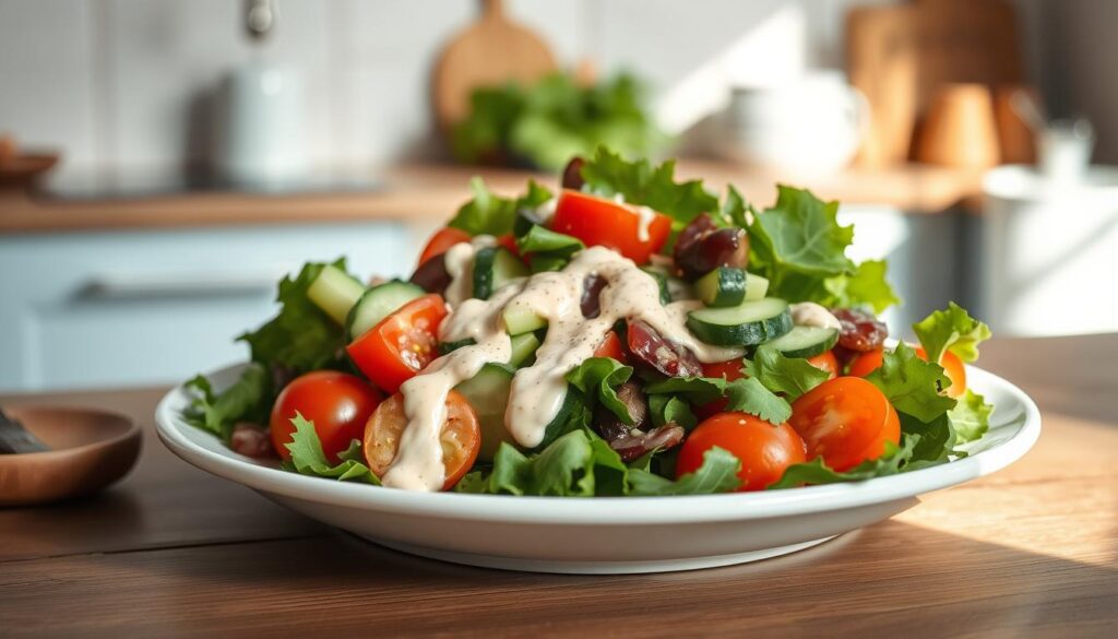 A vibrant, fresh salad with a variety of Whole30-compliant ingredients artfully arranged on a white ceramic plate against a backdrop of a cozy, minimal kitchen with wooden textures and light blue accents. The salad features crisp greens, juicy cherry tomatoes, crunchy cucumbers, and other seasonal vegetables, drizzled with a creamy, tangy dressing. The lighting is soft and natural, casting gentle shadows and highlighting the vibrant colors of the produce. The overall mood is one of clean, nourishing simplicity, inviting the viewer to savor a delicious and healthy Whole30 compliant cold lunch.