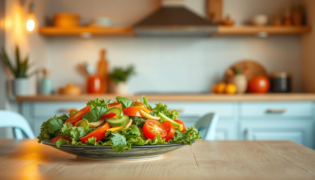 A vibrant, freshly prepared salad set on a light wooden table in a cozy, minimal kitchen. An array of crisp greens, juicy tomatoes, crunchy cucumbers, and colorful bell peppers artfully arranged, drizzled with a light vinaigrette. Warm, golden overhead lighting casts a soft glow, highlighting the natural textures and hues. Light blue accents in the background add a soothing touch, creating a serene, inviting atmosphere. The salad appears both nourishing and visually appealing, beckoning the viewer to savor its flavors and appreciate the simple pleasures of a healthy, homemade meal.