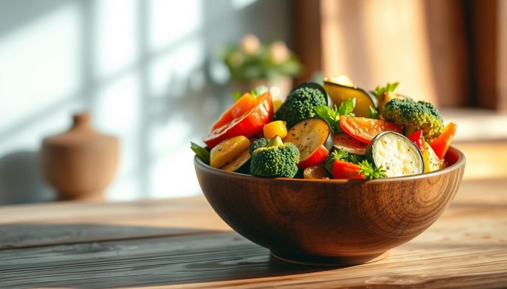 A vibrant, gluten-free veggie bowl brimming with roasted seasonal vegetables, including broccoli, bell peppers, and zucchini, arranged artfully in a rustic wooden bowl. The bowl is set on a wooden table against a minimalist, light blue backsplash, creating a serene, inviting atmosphere. Soft, directional lighting casts warm shadows, emphasizing the bowl's textures and colors. The overall scene conveys a sense of nourishing simplicity, perfect for a healthy office meal prep.