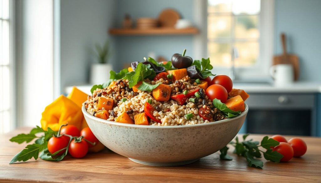 A vibrant grain bowl filled with an array of colorful ingredients, arranged in a visually appealing manner on a wooden table against a minimal, light blue kitchen backdrop. The bowl features a variety of whole grains, such as quinoa, farro, and wild rice, complemented by a selection of fresh vegetables, including roasted sweet potatoes, crisp greens, and juicy cherry tomatoes. The light from a large window casts a warm, natural glow over the scene, accentuating the textures and hues of the dish. The overall composition exudes a sense of simplicity, nourishment, and culinary inspiration.