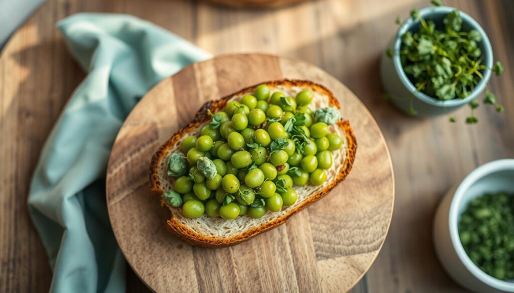 A vibrant green edamame salad artfully spread across a slice of rustic sourdough toast, garnished with vibrant microgreens and a drizzle of fragrant olive oil. The scene is set in a cozy, minimal kitchen bathed in soft, natural light, with wooden textures and light blue accents creating a calming, plant-based atmosphere. The angle captures the dish from an overhead perspective, highlighting the contrast between the creamy edamame and the crisp, golden toast, inviting the viewer to savor the nourishing, protein-rich vegan meal.