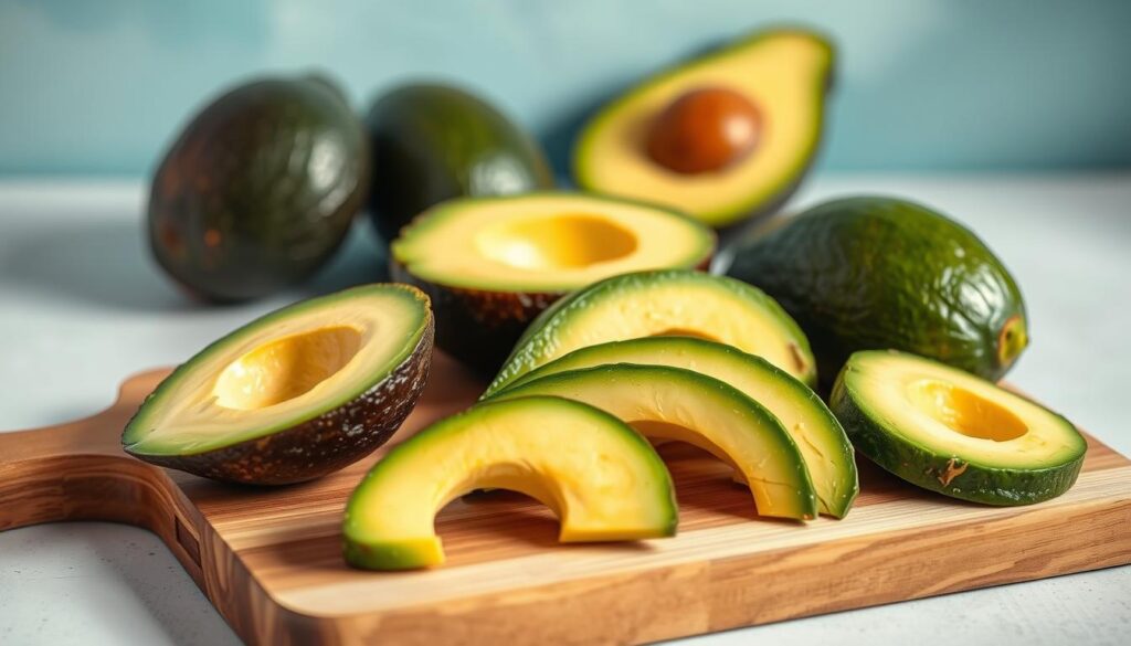 A vibrant, high-resolution image of an assortment of avocado slices, presenting their nutritional benefits in an appetizing and informative manner. The slices are arranged on a wooden cutting board, with a clean, minimalist background featuring light blue accents. The lighting is soft and natural, highlighting the rich green hues and creamy texture of the avocado. The overall composition is visually appealing, drawing the viewer's attention to the avocado's key nutritional properties, such as healthy fats, vitamins, and fiber. The image conveys a sense of freshness, simplicity, and the avocado's suitability as a versatile, nourishing ingredient for cold lunch dishes.