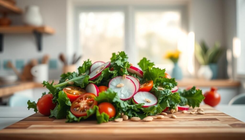 A vibrant kale salad combination takes center stage in a cozy, minimalist kitchen. Crisp kale leaves, sliced radishes, and juicy cherry tomatoes artfully arranged on a wooden cutting board. Toasted sunflower seeds and a drizzle of citrusy vinaigrette add texture and flavor. The scene is bathed in soft, natural light, casting a warm glow on the fresh ingredients. Wooden shelves and light blue accents create a calming, inviting atmosphere, drawing the eye to the nutritious, five-ingredient dish.