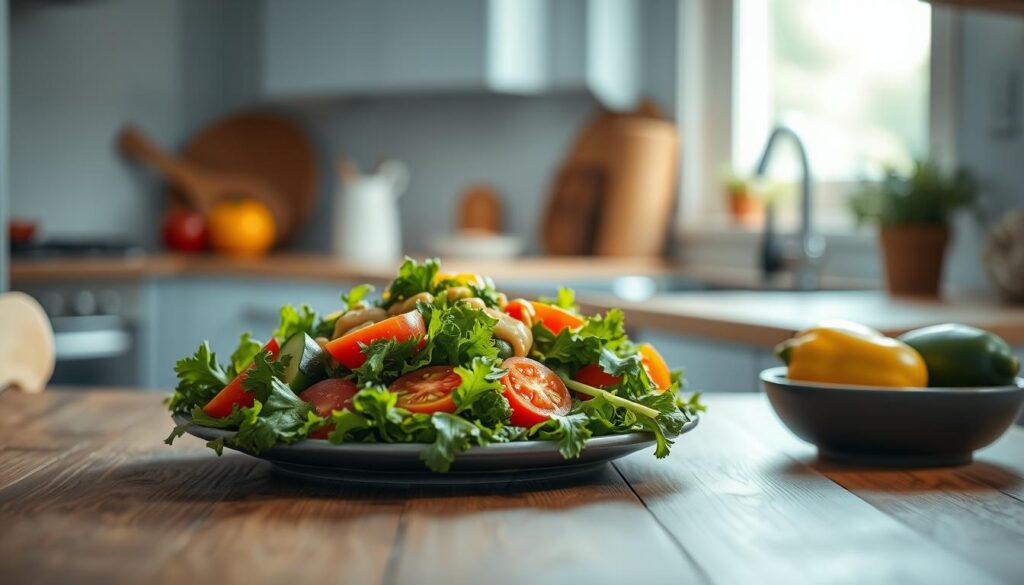 A vibrant, nutrient-rich salad takes center stage on a wooden table, adorned with a drizzle of aromatic garlic dressing. Fresh, crisp greens are accompanied by a medley of colorful vegetables - juicy tomatoes, crunchy cucumbers, and earthy bell peppers. The salad is bathed in soft, natural light, emanating from the kitchen's large window, casting a warm glow and casting gentle shadows. The minimal, light blue-accented space exudes a sense of calm and simplicity, allowing the salad to be the star of the scene.