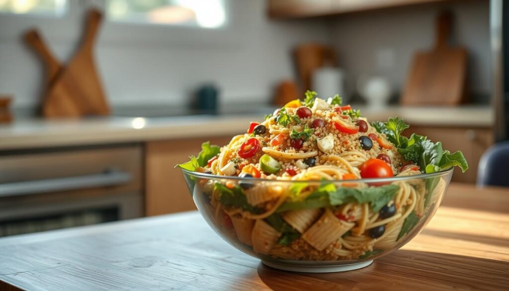 A vibrant pasta salad bowl filled with colorful quinoa, crisp vegetables, and a tantalizing array of toppings sits atop a wooden table in a cozy, minimal kitchen. Soft natural light filters in, casting a warm glow and accentuating the textural interplay of the ingredients. The salad is artfully arranged, with each element carefully placed to create an appetizing and visually appealing composition. The overall mood is one of simplicity, freshness, and a nourishing, homemade appeal.
