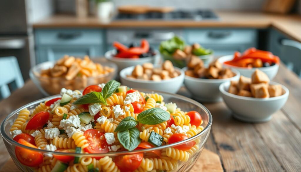 A vibrant pasta salad display showcasing a variety of colorful combinations. In the foreground, a shallow glass bowl filled with a zesty vinaigrette-dressed medley of spiral pasta, sliced cherry tomatoes, diced cucumber, crumbled feta, and fresh basil leaves. In the middle ground, additional mix-in ingredients like roasted red peppers, kalamata olives, and grilled chicken cubes are arranged in individual prep bowls. The background features a rustic wooden table with light blue accents, complemented by a minimalist kitchen setting with natural light streaming in. The scene exudes a fresh, nourishing, and effortless vibe, perfect for on-the-go cold lunch ideas.