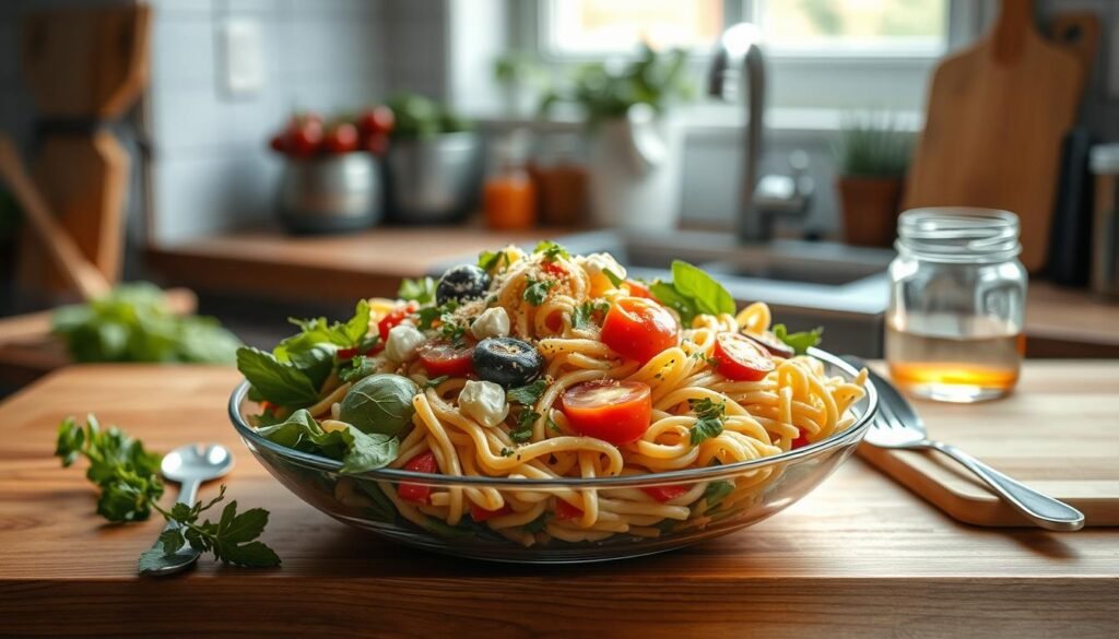 A vibrant pasta salad takes center stage on a wooden kitchen counter, its array of fresh vegetables, herbs, and tantalizing dressings creating a visually appealing composition. The soft, natural lighting from a nearby window casts a warm glow, highlighting the textural contrast between the al dente pasta, crisp produce, and creamy, flavorful sauces. Strategically placed utensils, a cutting board, and a simple glass jar suggest a practical, real-world meal prep scene, inviting the viewer to discover clever hacks for maintaining pasta salad's freshness and flavor throughout the workweek.