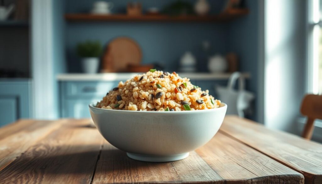 A vibrant quinoa and rice grain bowl, the centerpiece of a balanced lunch, sits atop a rustic wooden table in a cozy kitchen. The grains are artfully arranged, their earthy tones complemented by the soft blue hues of the minimalist decor. Natural light streams in, casting a warm glow on the scene and highlighting the textures of the ingredients. The composition is clean and inviting, capturing the essence of a nourishing, wholesome meal prep.
