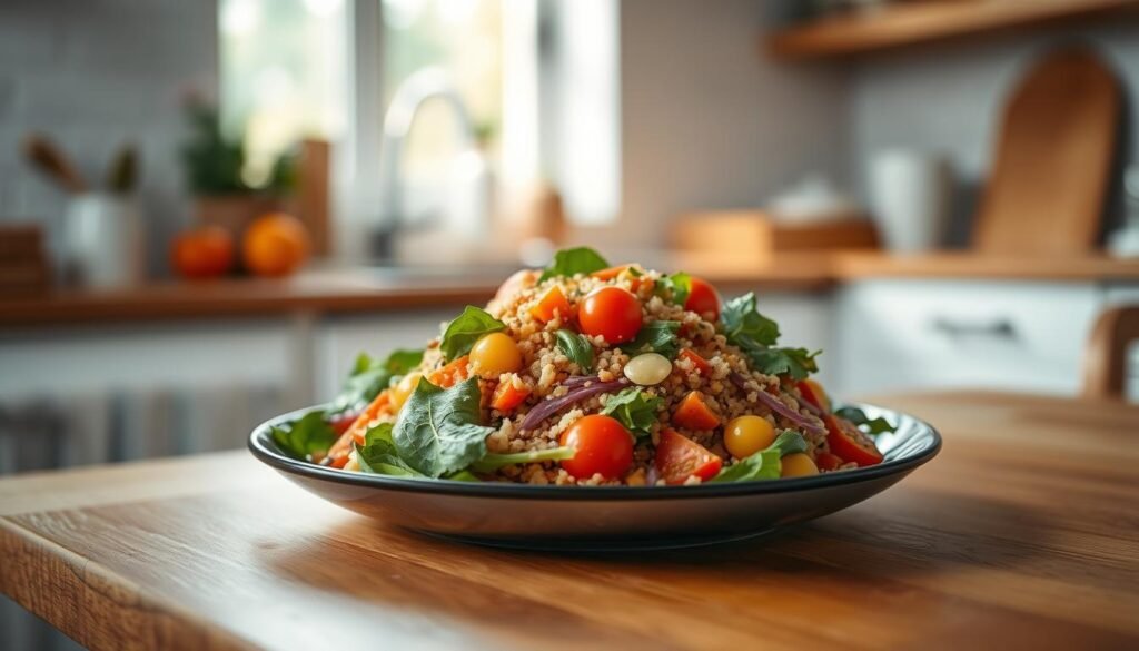 A vibrant quinoa salad with colorful vegetables sits on a wooden table in a cozy, minimal kitchen. Tender quinoa is tossed with crisp greens, juicy tomatoes, and crunchy carrots, all drizzled with a light vinaigrette. Soft morning light filters through the window, casting a warm glow on the fresh, healthy meal. The scene exudes a sense of simplicity and nourishment, inviting the viewer to enjoy a satisfying cold lunch.