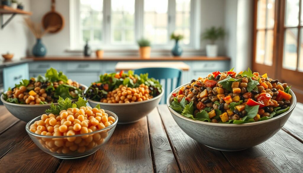 A vibrant scene of four bountiful legume-based lunch bowls nestled on a rustic wooden table in a cozy, minimalist kitchen. Vibrant chickpeas, lentils, and kidney beans are complemented by fresh greens, roasted veggies, and a drizzle of tangy dressing. Soft natural lighting flows in through large windows, casting a warm, inviting glow over the simple, blue-accented decor. Captured with a wide-angle lens to showcase the enticing array of healthy, fiber-rich ingredients, this image perfectly encapsulates the nourishing, plant-based power of a legume-focused cold lunch.