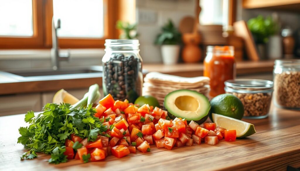 A vibrant selection of Mexican-inspired meal prep ingredients are artfully arranged on a wooden kitchen counter, bathed in warm, natural light from large windows. In the foreground, freshly chopped cilantro, diced tomatoes, and sliced avocado create a colorful, textural display. In the middle ground, a glass jar filled with black beans, a bundle of scallions, and a wedge of lime add layers of complementary flavors. In the background, a stack of whole wheat tortillas, a jar of salsa, and a glass container of quinoa hint at the versatile meal options. The overall scene conveys a sense of freshness, simplicity, and the vibrant, wholesome ingredients that make Mexican-inspired meal prep a delicious and practical choice.