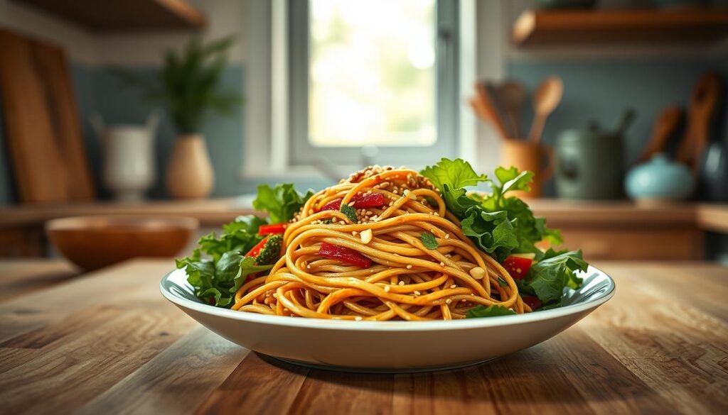 A vibrant sesame peanut noodle salad, the star of this Asian-inspired dish, sits at the center of a cozy, minimal kitchen. The noodles, coated in a rich, nutty sauce, are gently nestled among fresh greens, crunchy vegetables, and a scattering of toasted sesame seeds. Soft lighting from a nearby window casts a warm glow, highlighting the textures of the wooden surfaces and light blue accents that frame the scene. The overall atmosphere is one of simplicity and culinary delight, inviting the viewer to savor the flavors and aromas of this key ingredient in the 
