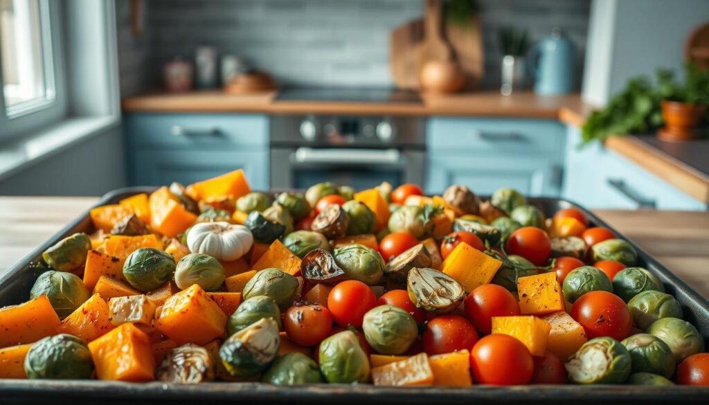 A vibrant sheet pan filled with an array of roasted vegetables, including tender sweet potatoes, crisp Brussels sprouts, and juicy cherry tomatoes. Garlic, herbs, and a drizzle of olive oil lend a savory aroma to the scene. In the background, a minimalist kitchen with wooden countertops and light blue accents creates a cozy, calming atmosphere, perfect for a time-saving weeknight dinner. Soft, directional lighting illuminates the composition, casting gentle shadows that add depth and dimension to the image.