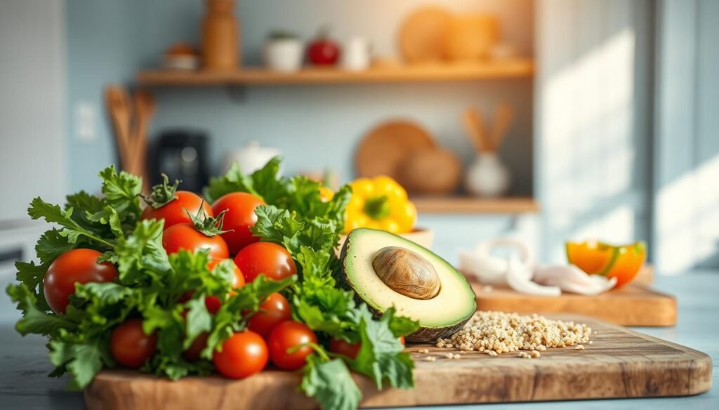 A vibrant still life capturing the essence of a balanced meal. In the foreground, an array of nutrient-rich ingredients: juicy tomatoes, crisp greens, creamy avocado, and a sprinkle of hearty quinoa. In the middle ground, a wooden cutting board with sliced bell peppers, onions, and a drizzle of olive oil. The background showcases a minimal, cozy kitchen with light blue accents and warm, natural lighting, casting a soft, inviting glow. The overall composition exudes a sense of health, simplicity, and culinary inspiration.