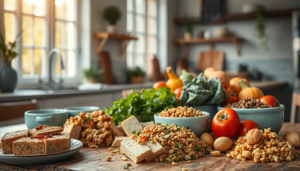 A vibrant still life composition of flavorful vegetarian proteins, artfully arranged on a rustic wooden table with light blue ceramic accents. In the foreground, a variety of textured plant-based proteins such as tofu, tempeh, seitan, and lentils, seasoned with aromatic herbs and spices. In the middle ground, an assortment of fresh produce - vibrant greens, ruby-red tomatoes, and golden squash. The background features a minimal, cozy kitchen with warm, natural lighting cascading through large windows, casting a soft, inviting glow over the scene. The overall mood is one of nourishment, creativity, and culinary inspiration.